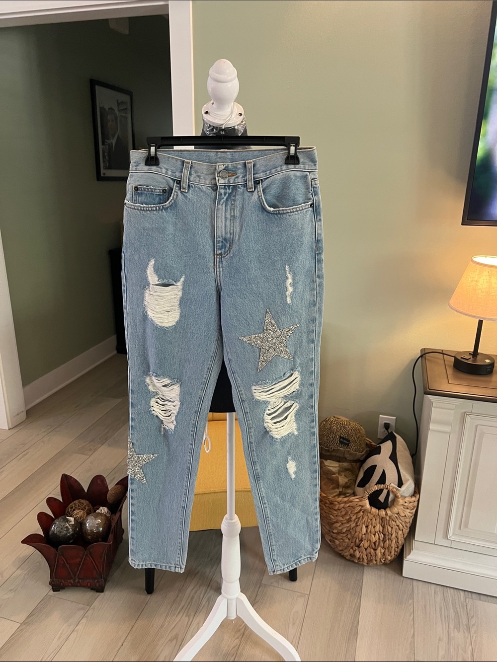 Carmar light blue distressed boyfriend jeans with silver star patches